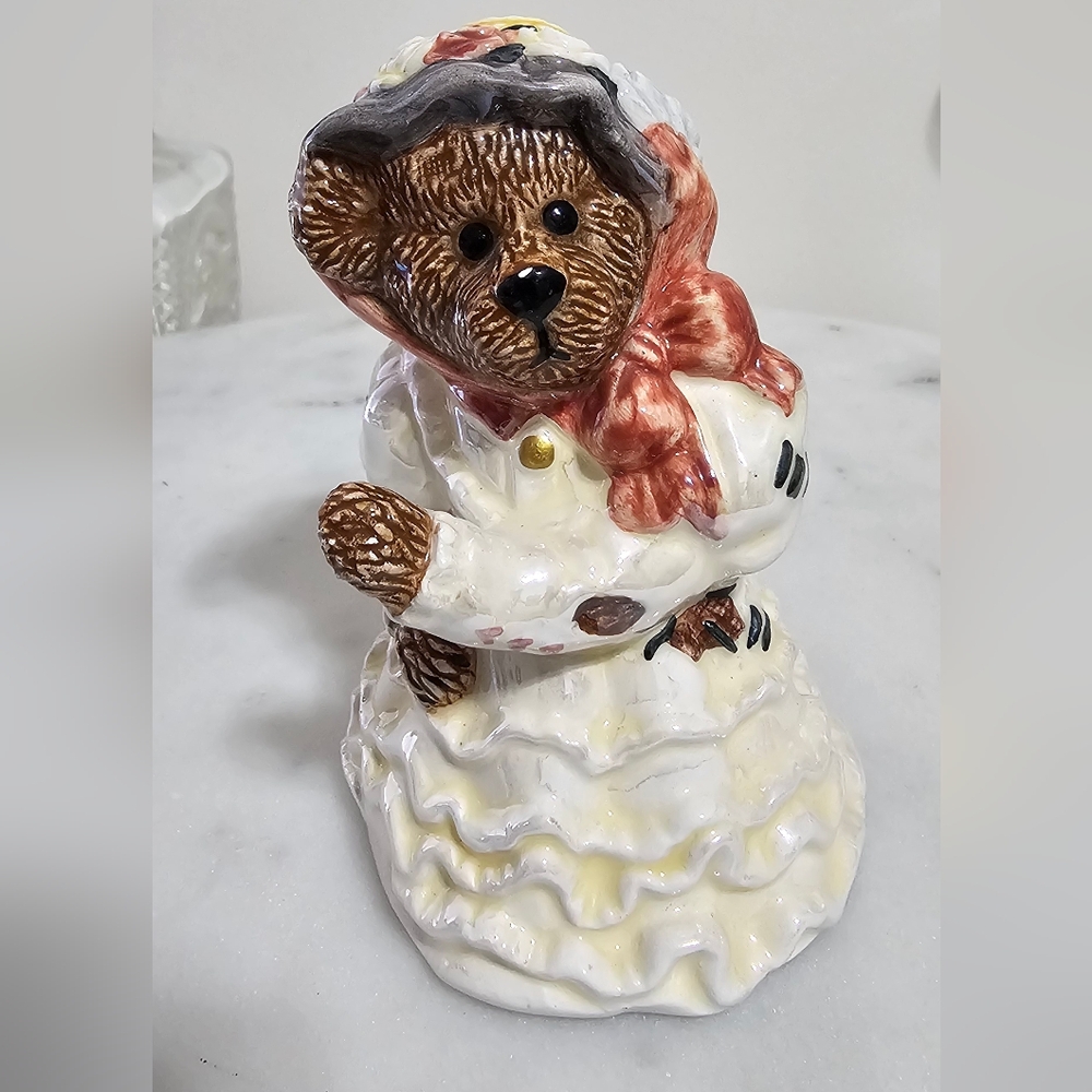 Boyds Bears Ceramic Brown Bear Salt Shaker with Cream Dress and Red Scarf